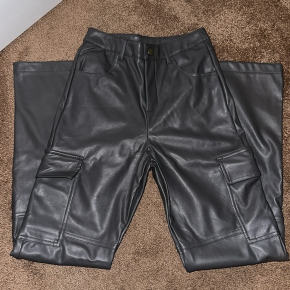 Grey Leather Cargo Pants - Picture 1 of 3